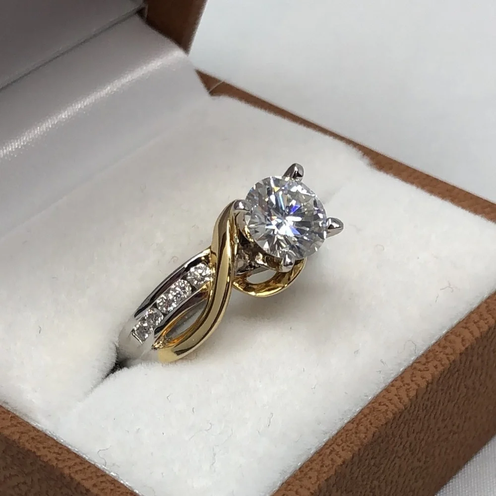 Moissanite Fire Ring Two Tone Crossover 14K Yellow Gold Over 925 Silver Size 7
